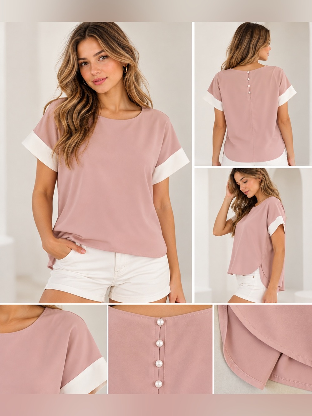 Zara Blush Pink Boxy Short Sleeve Blouse with White Cuffs Size S